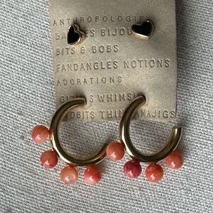 Anthropologie Gold Hoop Earrings with Coral and Pink Beads